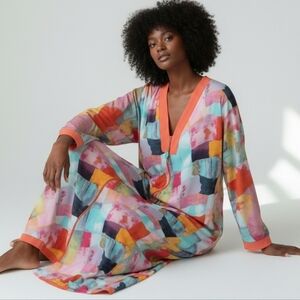 Diamond Tea Long Gown Caftan Muu Muu Zip Front Bead Pull Loungewear Colorful L